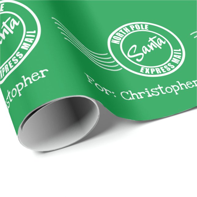 Papier Cadeau Père Noël express mail livraison Pôle Nord vert bl (Coin rond)