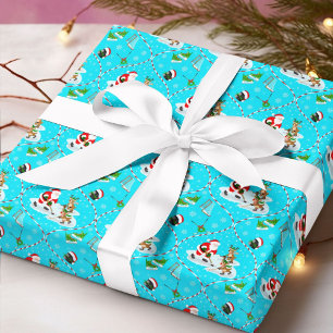 Papier Cadeau Père Noël jouant au hockey sur glace motif de Noël
