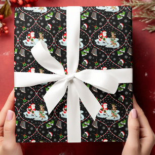 Papier Cadeau Père Noël jouant au hockey sur glace Motif de Noël