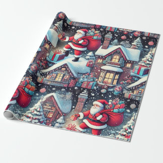 Papier Cadeau Père Noël livre des cadeaux dans la cheminée