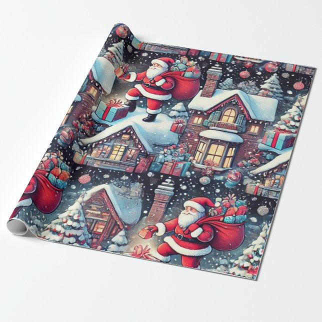 Papier Cadeau Père Noël livre des cadeaux dans la cheminée (Déroulé)