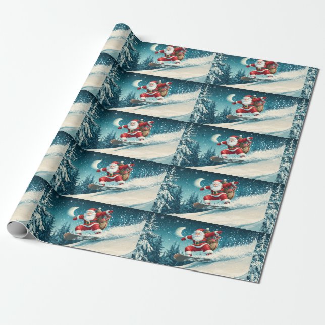 Papier Cadeau Père Noël livre des cadeaux de Noël sur snowboard (Déroulé)