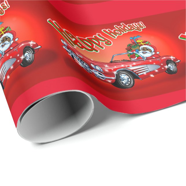 Papier Cadeau Père Noël noir dans une Corvette ! (Coin rond)