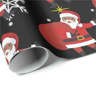 Papier Cadeau Père Noël Noire Avec Flammes De Neige Et Étoile