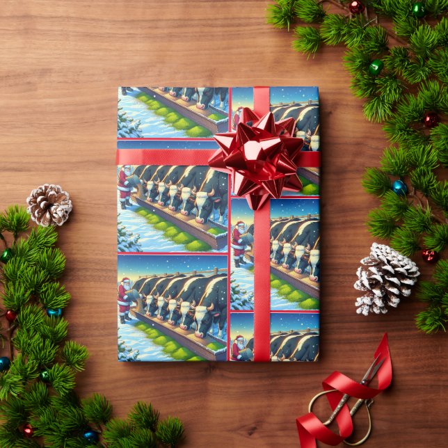 Papier Cadeau Père Noël nourrit ses vaches Noël (Cadeau de vacances)
