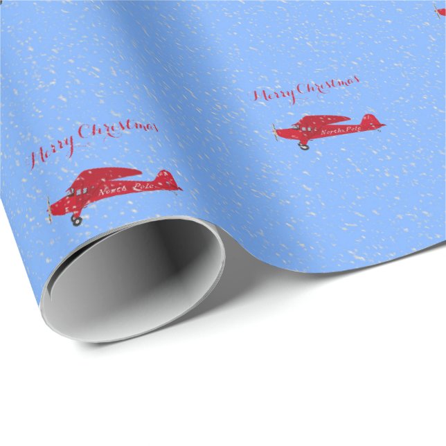 Papier Cadeau Père Noël Pôle Nord Avion Rouge neige Noël (Coin rond)
