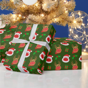 Papier Cadeau père Noël Reindeer Visage Masque Vert foncé Noël