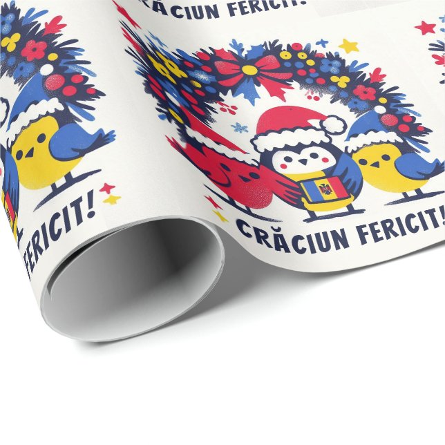Papier Cadeau Père Noël Robins tenant la couronne du drapeau rou (Coin rond)