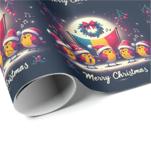 Papier Cadeau Père Noël Robins tenant le drapeau roumain en trai
