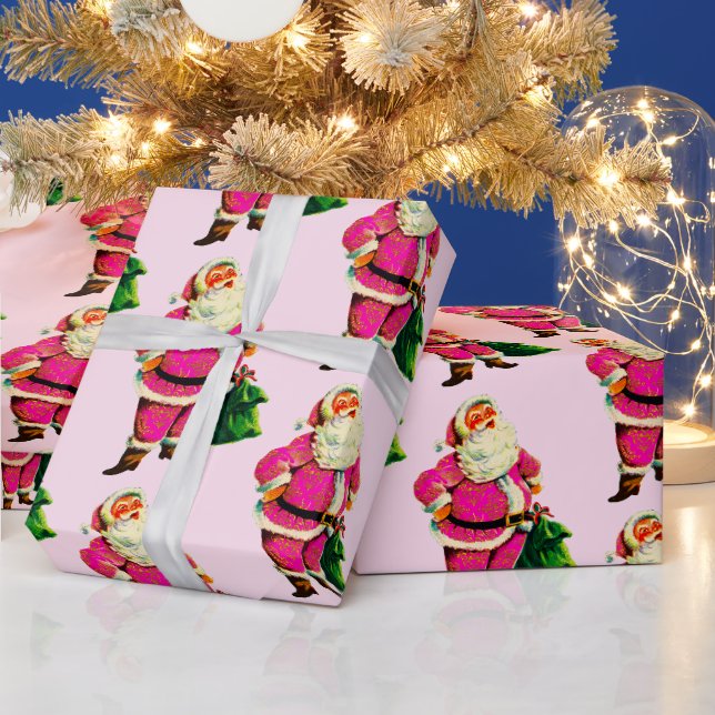 Papier Cadeau Père Noël rose sur papier d'enveloppement de Noël  (Vacances)