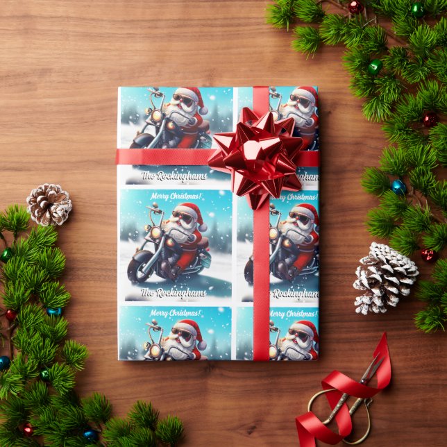 Papier Cadeau Père Noël sur une moto dans la neige (Cadeau de vacances)