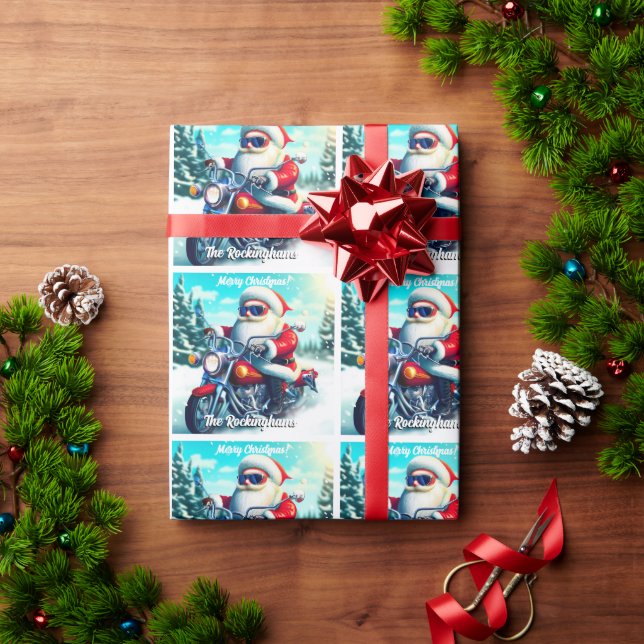 Papier Cadeau Père Noël sur une moto dans la neige (Cadeau de vacances)