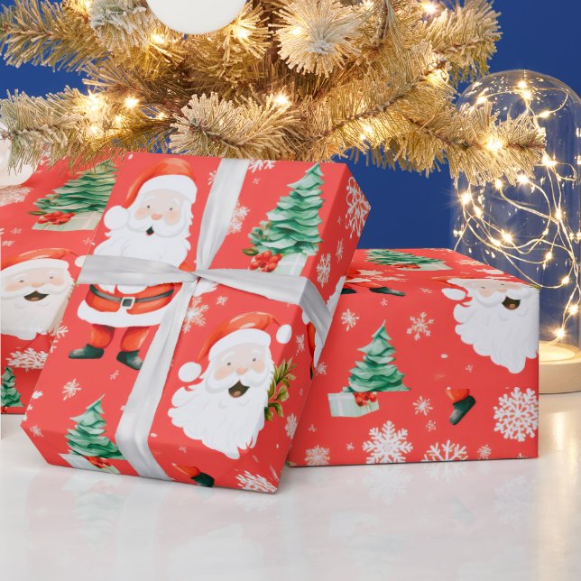 Papier Cadeau Père Noël Trees Snowflakes Noël Rouge (Vacances)