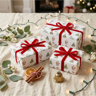 Papier Cadeau Père Noël vintage aquarelle nostalgique arbre de N