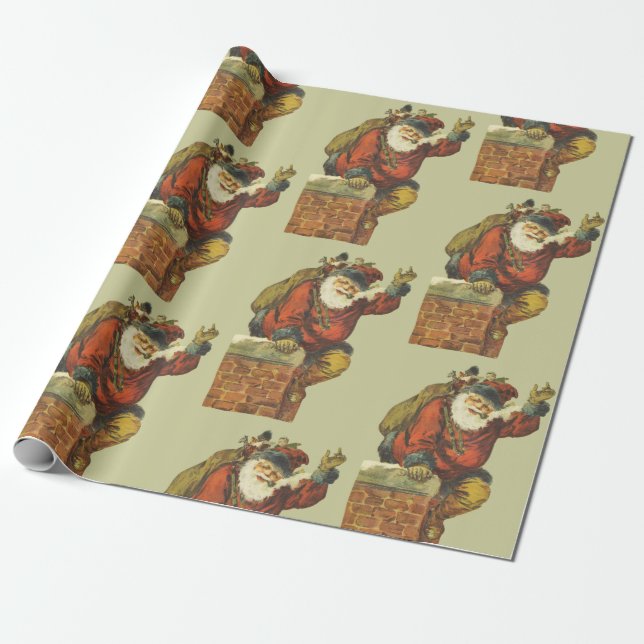 Papier Cadeau Père Noël vintage descend Chimney (Déroulé)