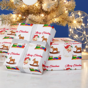 Papier Cadeau Père Noël vintage enfants train et cheval à bascul