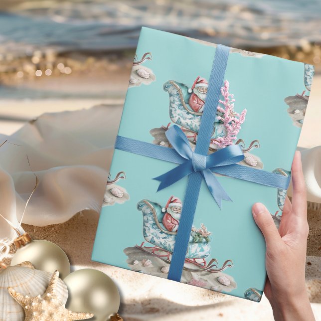 Papier Cadeau Père Noël's Chinoiserie Sleigh sur la plage turquo (Santa’s Chinoiserie Sleigh on the Beach teal Wrapping Paper)
