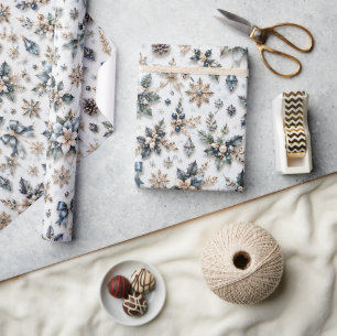 Papier Cadeau Perle d'hiver Bleu Argent Noël