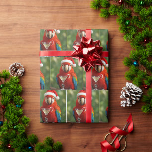 Papier Cadeau Perroquet de Noël tenant un cocktail