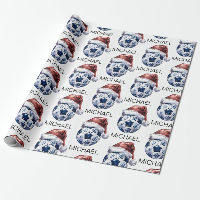 Papier Cadeau Personalized Merry Christmas Soccer Ball Santa     (Déroulé)