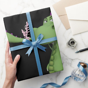 Papier Cadeau Personnage de dinosaure vert avec des pointes viol