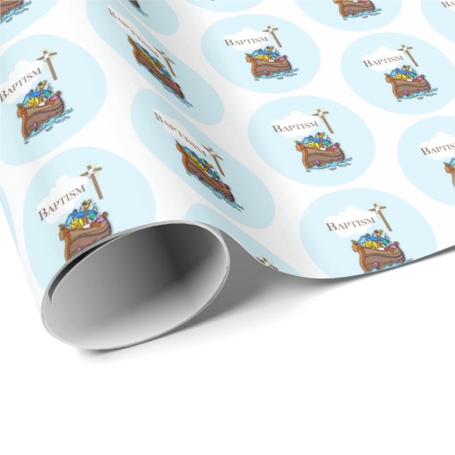 Papier Cadeau Personnalisable, Baby Boy Baptism Arche de Noah (Coin rond)