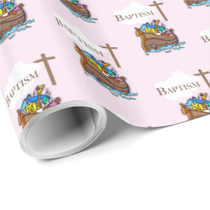 Papier Cadeau Personnalisable, baptême de bébé fille Arche de No