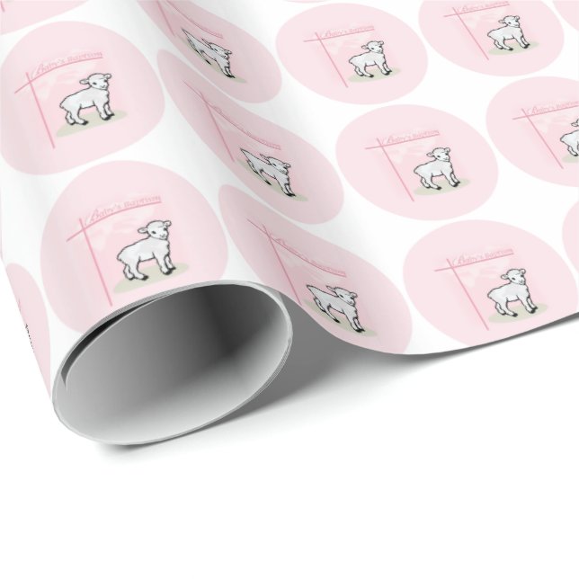 Papier Cadeau Personnalisable, Baptême, Rose, Fille, Agneau (Coin rond)