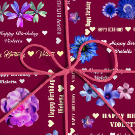 Papier Cadeau Personnalisable Floral Bourgogne fille Joyeux anni