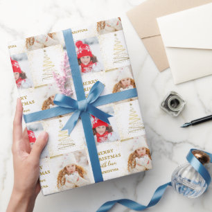 Papier Cadeau Personnalisé 2 Photo White Gold Noël