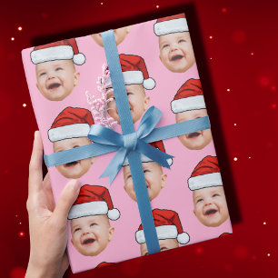 Papier Cadeau Personnalisé Baby Face Photo Santa Hat Noël rose
