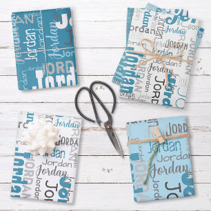 Papier cadeau personnalisé bleu avec nom répété de
