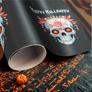 Papier Cadeau Personnalisé bleu rose Halloween Crâne sucre Hallo