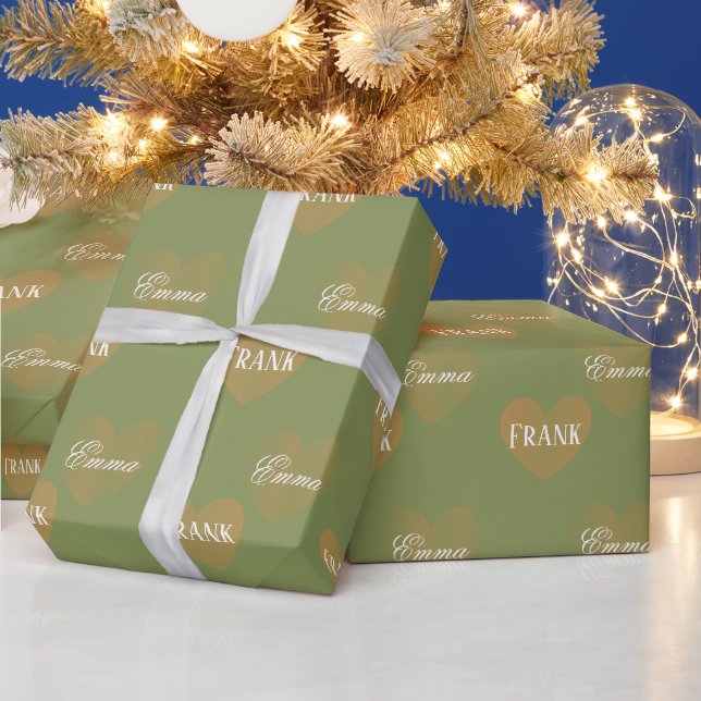 Papier Cadeau Personnalisé Deux Coeurs D'Or, Moss- Drab Green (Vacances)