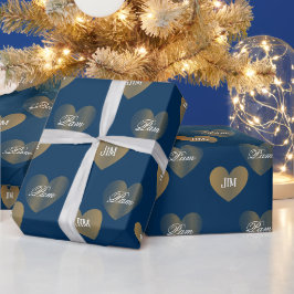 Papier Cadeau Personnalisé Deux Coeurs d'or, Prussian Bleu
