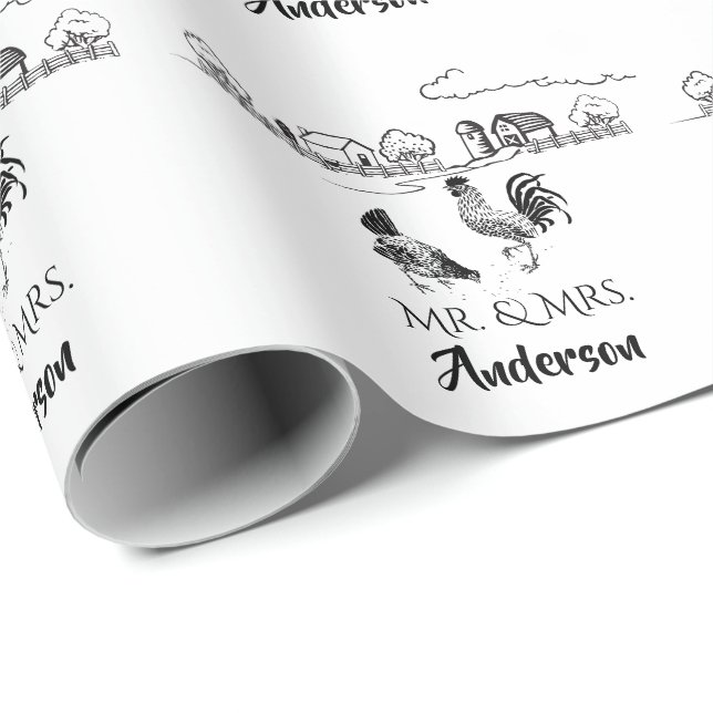 Papier Cadeau Personnalisé M. et Mme Chickens Mariage agricole (Coin rond)