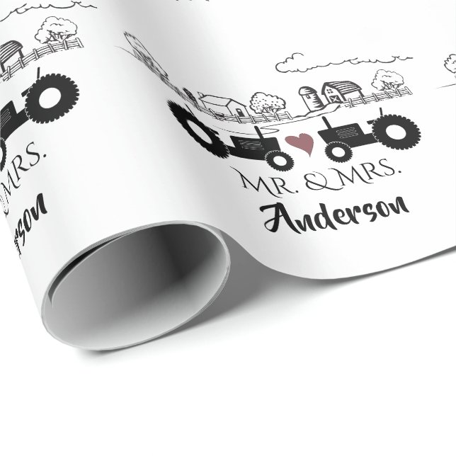 Papier Cadeau Personnalisé M. et Mme Tractor Couple Farm LOVE (Coin rond)