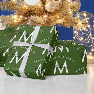 Papier Cadeau Personnalisé moderne Joyeux Noël vert Monogramme
