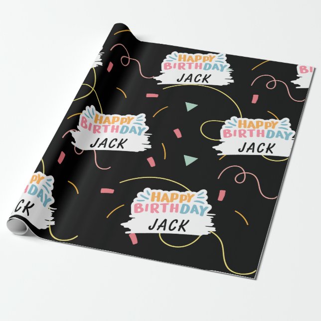Papier Cadeau Personnalisé Nom Joyeux Anniversaire Noir (Déroulé)