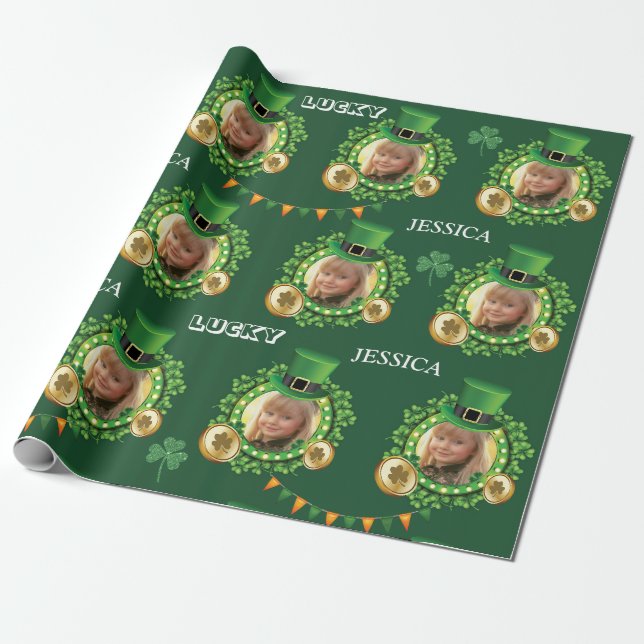 Papier Cadeau Personnaliser Nom Et Photo St. Patrick's Day Green (Déroulé)