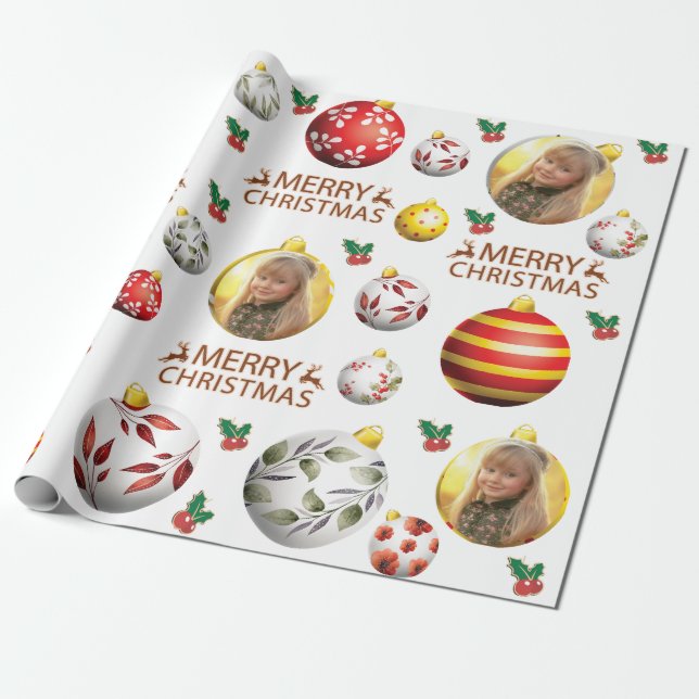 Papier Cadeau Personnaliser Photo Noël-Ball-Ornament Motif (Déroulé)