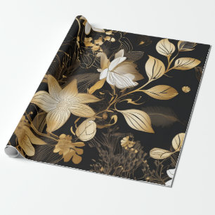 Papier Cadeau Pétales dorées : Floral Noir & Or