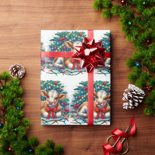 Papier Cadeau Petit Calf Posé Par Un Arbre De Noël (Cadeau de vacances)