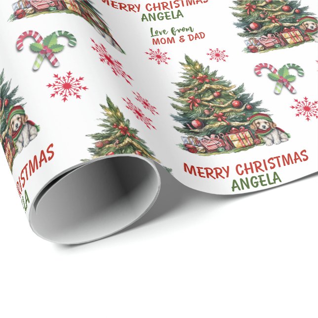 Papier Cadeau Petit Chien Chien de Noël Arbre Enfants (Coin rond)
