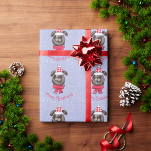 Papier Cadeau Petit chien de Noël portant un bonnet et une échar