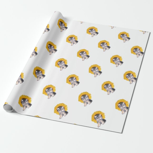 Papier Cadeau Petit chiot du Yorkshire mignon chien & tournesol  (Déroulé)