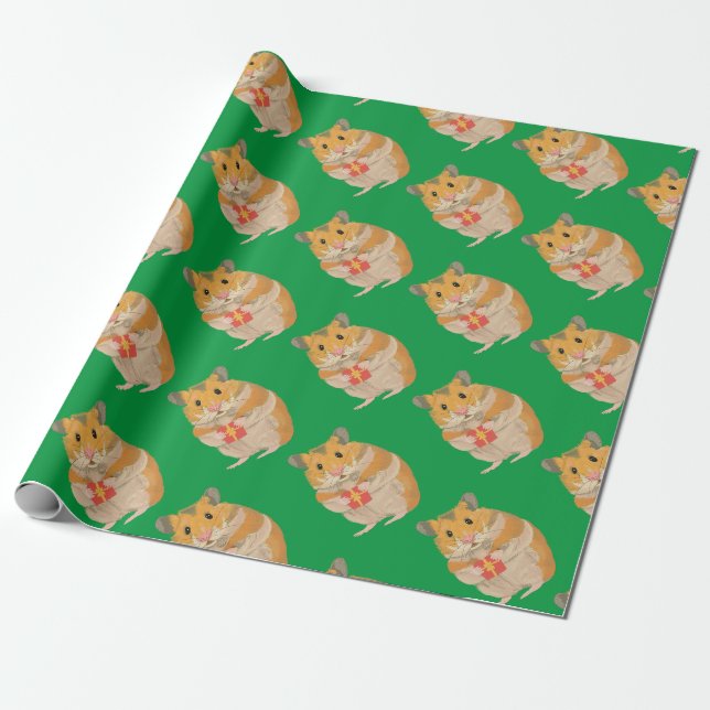 Papier Cadeau Petit Hamster mignon tenant un cadeau de Noël (Déroulé)