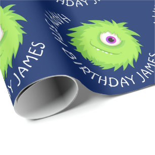 Papier Cadeau Petit Monstre bleu vert personnalisé