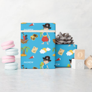 Papier Cadeau Petit pirate au trésor, perroquet et prénom