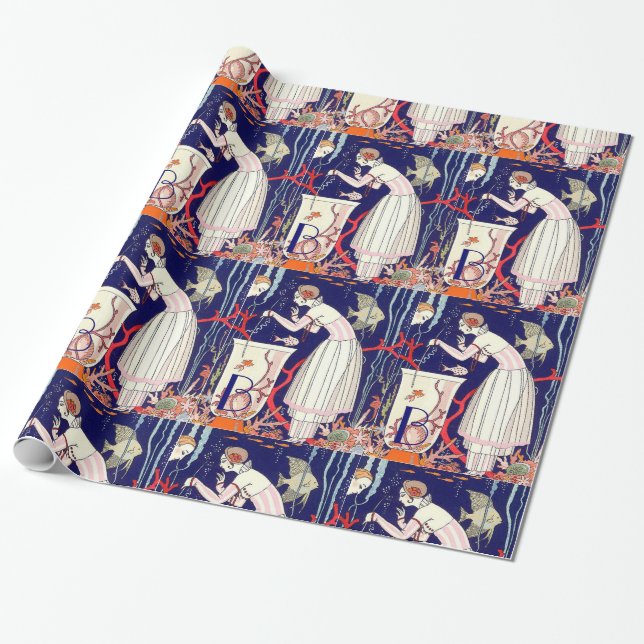 PAPIER CADEAU PETIT POISSON ÉTONNANT, MONOGRAMME DE MODE BEAUTÉ (Déroulé)